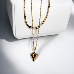 Womens Stainless Steel Gold Dangle Chain Heart Necklace
